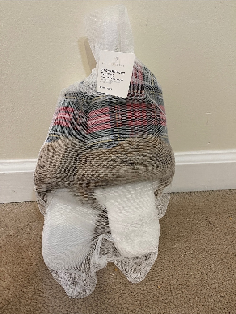 Pottery Barn Plaid Flannel Slippers with Faux-Fur Trim - Red, Green, Navy
